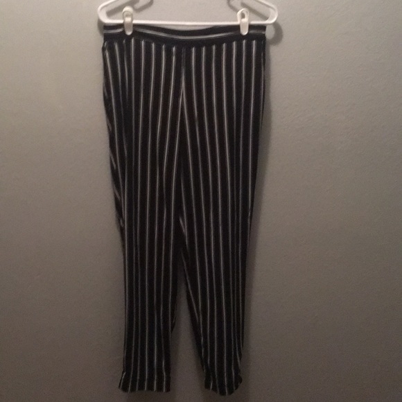 Black striped pants w/ elastic at pant leg/waist - Picture 1 of 5